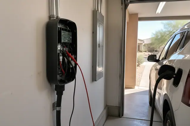 Technician troubleshooting an EV charger on a drywall interior wall in Mesa, AZ.