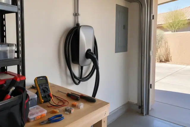 Multimeter and hand tools on a workbench during EV charger repair in a Chandler, AZ garage.