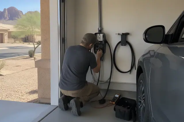 Technician repairing an EV charger on a garage wall in Gold Canyon, AZ.