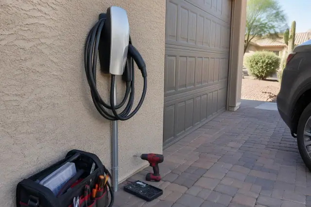 EV charger repair and troubleshooting on a brick driveway in Tempe, AZ.
