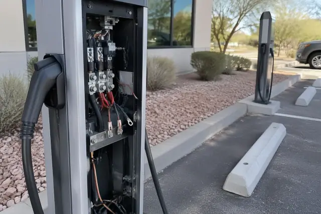 Technician repairing an EV charger at a commercial building in Phoenix, AZ.