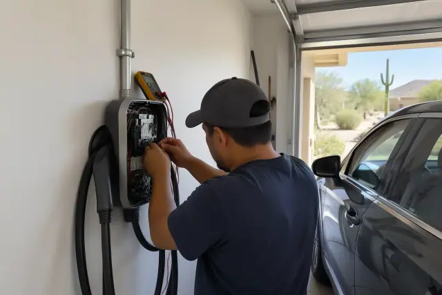 Technician troubleshooting a hardwired EV charger on an indoor wall in Scottsdale, AZ.