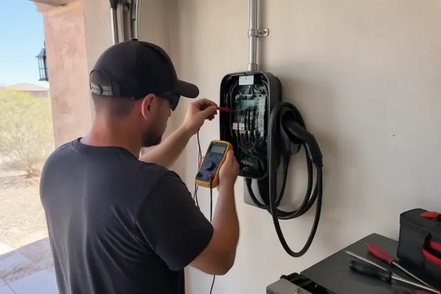 Technician troubleshooting an EV charger on a drywall wall in San Tan Valley, AZ.