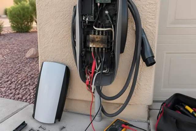 EV charger repair and troubleshooting in a Mesa, AZ driveway showing an open browned terminal block.