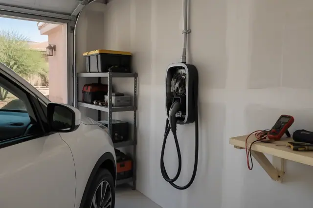 EV charger repair and troubleshooting in Gilbert, AZ with electrical conduit and a multimeter on a shelf.