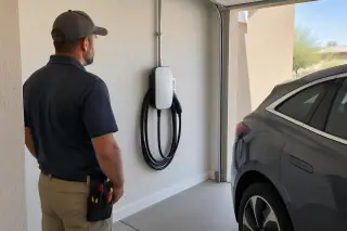 Technician observing a hardwired EV charger and conduit in a Mesa, AZ garage.