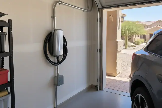 Technician photo of an EV charger replacement and upgrade on a residential garage wall in Tempe, AZ.