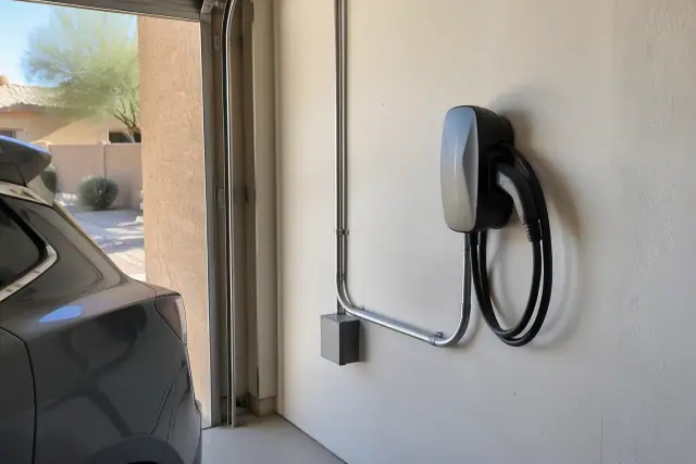 EV charger replacement and upgrades on an interior wall with electrical conduit in Chandler, AZ.