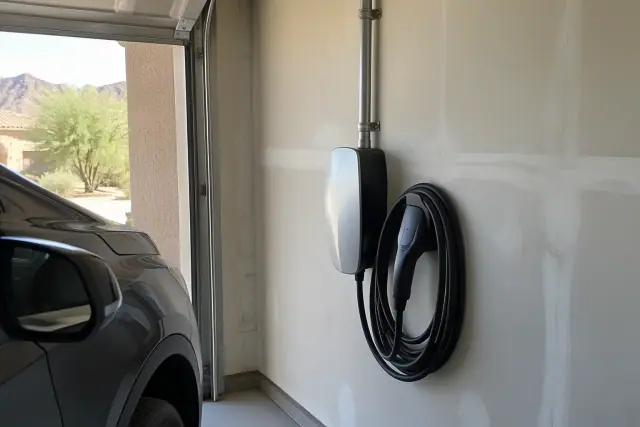 EV charger replacement and upgrade on a garage wall in Gold Canyon, AZ.