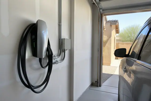 EV charger replacement and upgrade on a garage wall in Queen Creek, AZ.