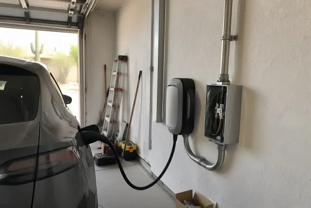 EV charger replacement and upgrade on a drywalled wall in Scottsdale, AZ.