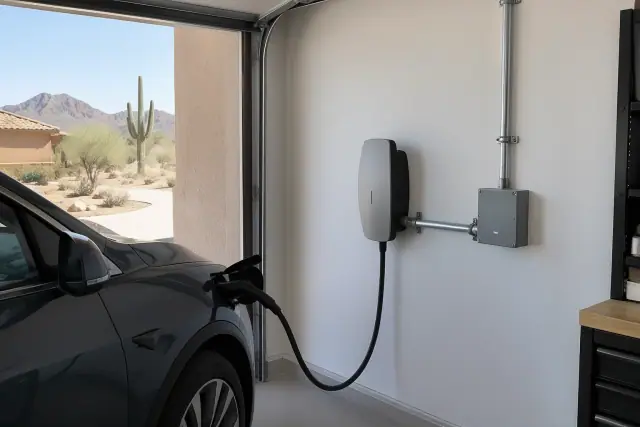 EV charger replacement and upgrade with conduit on a garage wall in Fountain Hills, AZ.