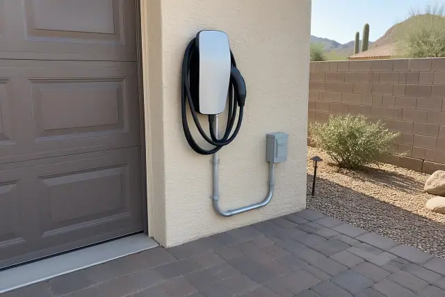 Newly installed EV charger on a brick driveway wall in Apache Junction, AZ.