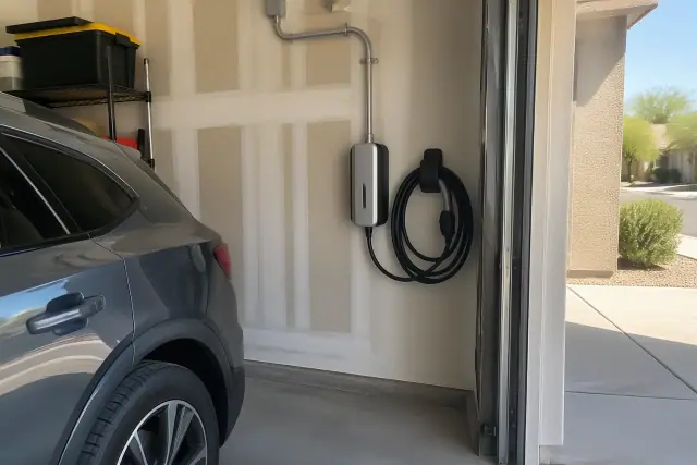 EV charger replacement in Gilbert, AZ, showing a hardwired wall unit and conduit in a garage.