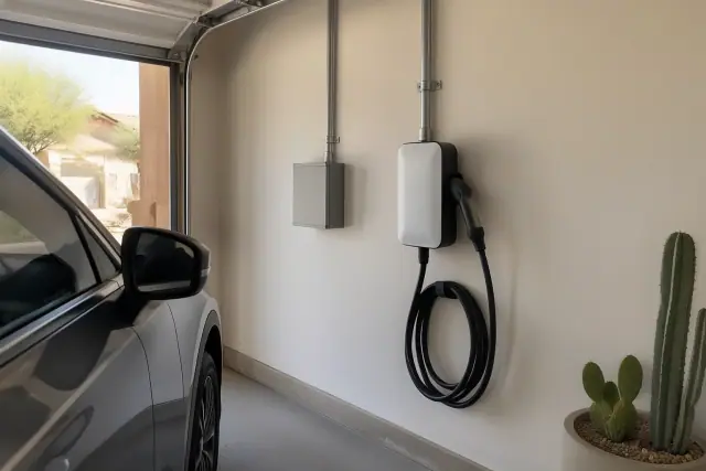 EV charger replacement and upgrade in Mesa, AZ, showing a hardwired wall unit in a residential garage.