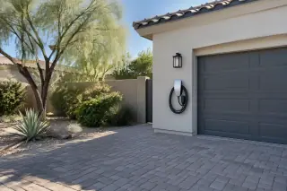 EV charger mounted on a stucco exterior wall next to a paved brick driveway in Mesa, AZ.