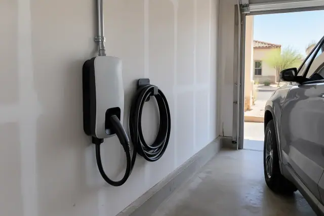 Electric vehicle charger mounted on a garage wall in Mesa, AZ.