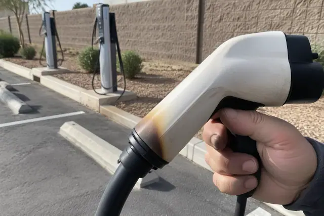 EV charging handle with heat discoloration in a Mesa, AZ parking lot.