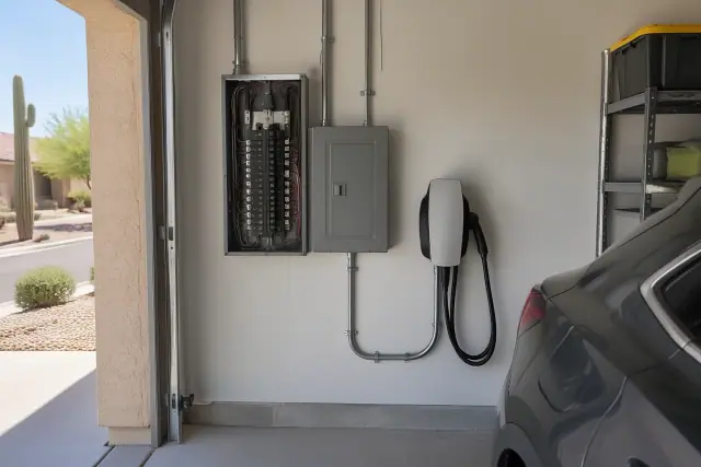 EV load management system with electrical panel and wall charger in a Mesa, AZ home.
