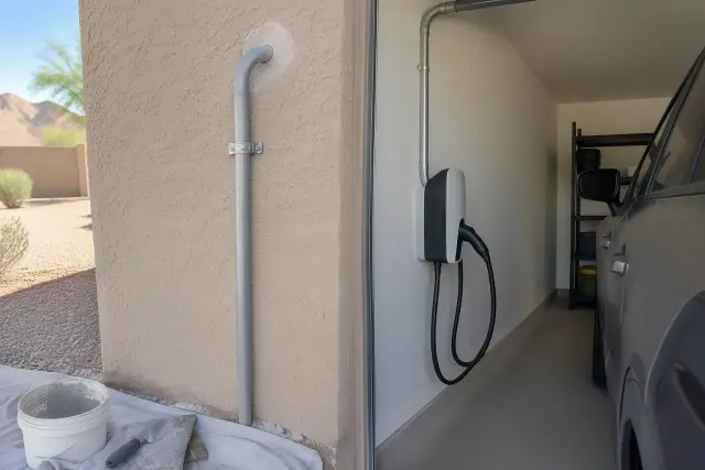 Electrical conduit installed through a garage wall for an EV charger in Mesa, AZ.