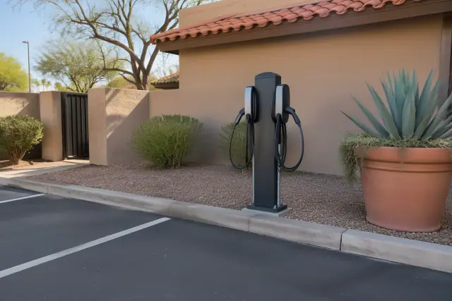 Dual EV charging station on an asphalt lot with a desert agave in Mesa, AZ.