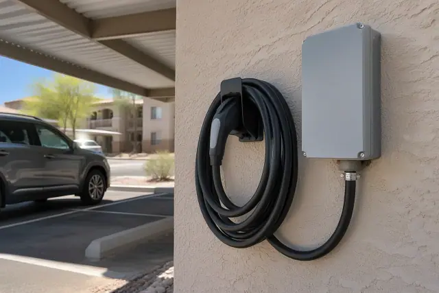 NEMA 14-50 outlet installation with coiled cable on a stucco wall at an apartment complex in Mesa, AZ.