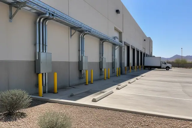 Commercial EV charger cable trays and conduit installed at an industrial warehouse bay in Mesa, AZ.