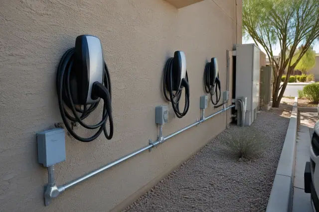 Multifamily fleet charging and EV charger installation in progress against a stucco wall in Mesa, AZ.