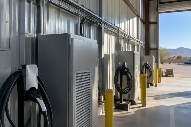 Commercial EV charger installation with load management inside an industrial warehouse bay in Mesa, AZ.