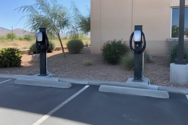 Dual EV charging stations in a commercial parking lot in Gold Canyon, AZ.