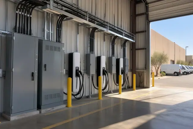 Fleet EV charging station installation inside an industrial warehouse bay in Chandler, AZ.