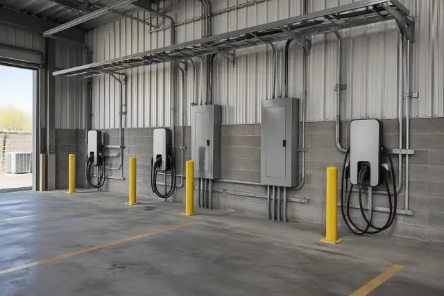 Fleet EV charging station installation in Scottsdale, AZ, showing heavy-duty conduit and electrical panels.