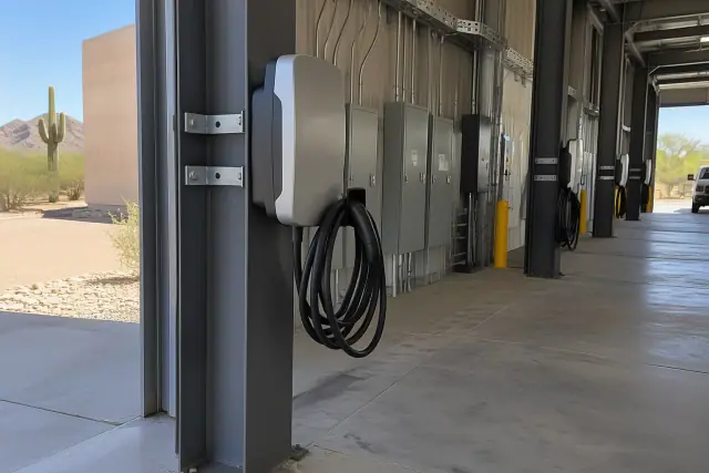 Fleet EV charging station installation inside a commercial building in Apache Junction, AZ.
