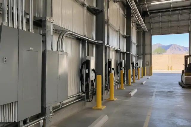 EV charging station installation inside an industrial warehouse in Phoenix, AZ.