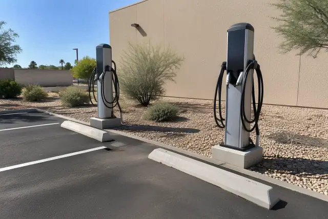 Dual EV charging stations installed in a paved employee parking lot in Mesa, AZ.