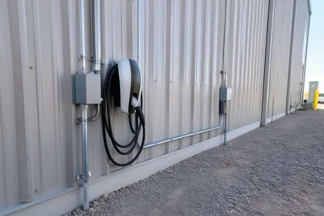 Fleet EV charging station installation on a metal building wall in San Tan Valley, AZ.