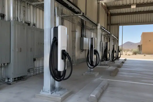 Fleet EV charging station installation with heavy-duty metal mounting brackets in Fountain Hills, AZ.