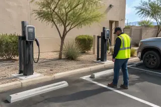 Worker inspecting dual pedestal EV charging stations near a paved parking lot in Mesa, AZ.