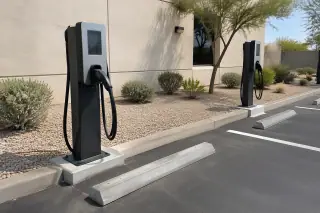 Dual pedestal EV chargers near concrete wheel stops in a paved parking lot in Mesa, AZ.