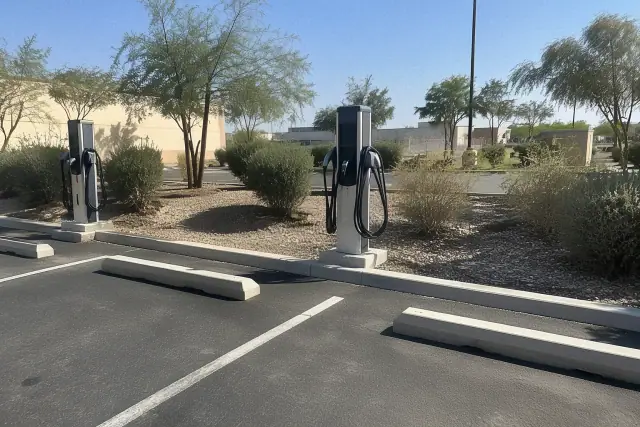 Completed EV charger pedestal installation on an asphalt parking bay in Mesa, AZ.