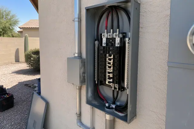 Main electrical panel replacement on a stucco home with desert landscaping in Mesa, AZ.