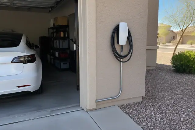 Tesla Wall Connector installation on a garage exterior with conduit in Mesa, AZ.