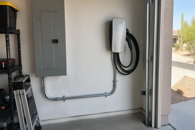 Hardwired EV charger installation on a garage wall in Mesa, AZ.