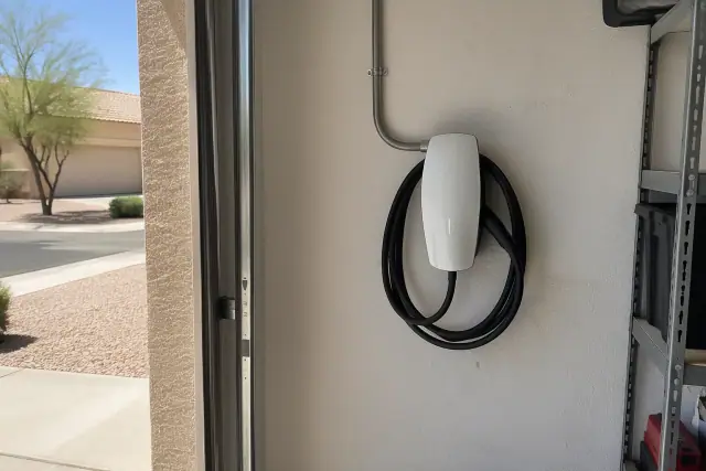 Gen 3 Tesla Wall Connector installed on a residential garage wall in Mesa, AZ.
