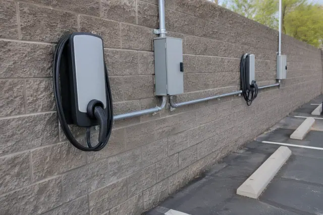 Commercial EV chargers and conduit installed on a block wall in Mesa, AZ.