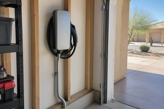 Hardwired EV charging equipment mounted on a garage wall in Mesa, AZ, during troubleshooting.