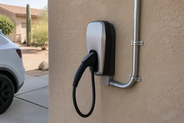 Hardwired EV charger installation on a desert-tan stucco home exterior in Mesa, AZ.