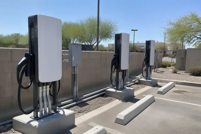 Hardwired commercial EV chargers installed on a concrete base with heavy-gauge conduit in Mesa, AZ.
