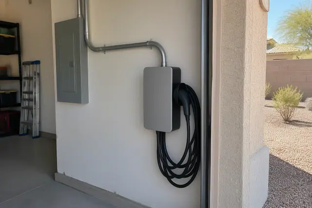Contractor photo of hardwired and dedicated circuit installation for an EV charger in a Mesa, AZ garage.