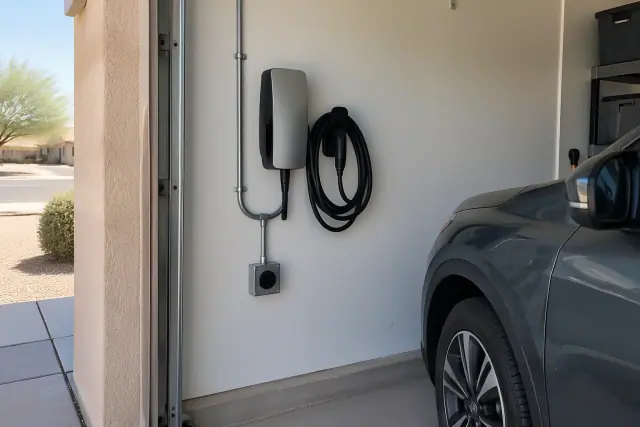 Hardwired EV charger and NEMA 14-50 outlet on a drywalled interior wall in Mesa, AZ.